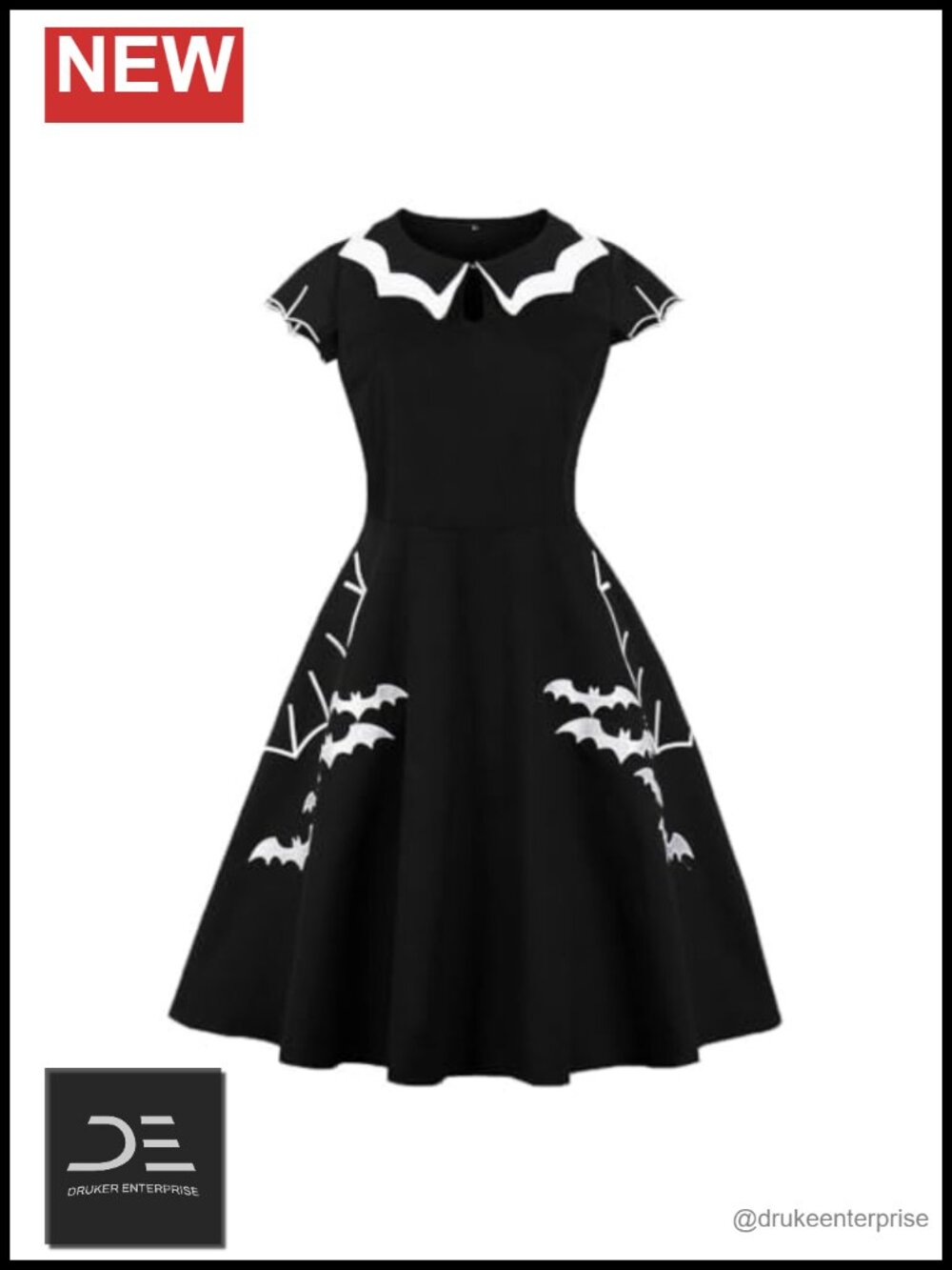 Vintage Bat Spider Web Embroidery Dress Collared Keyhole Halloween Cocktail